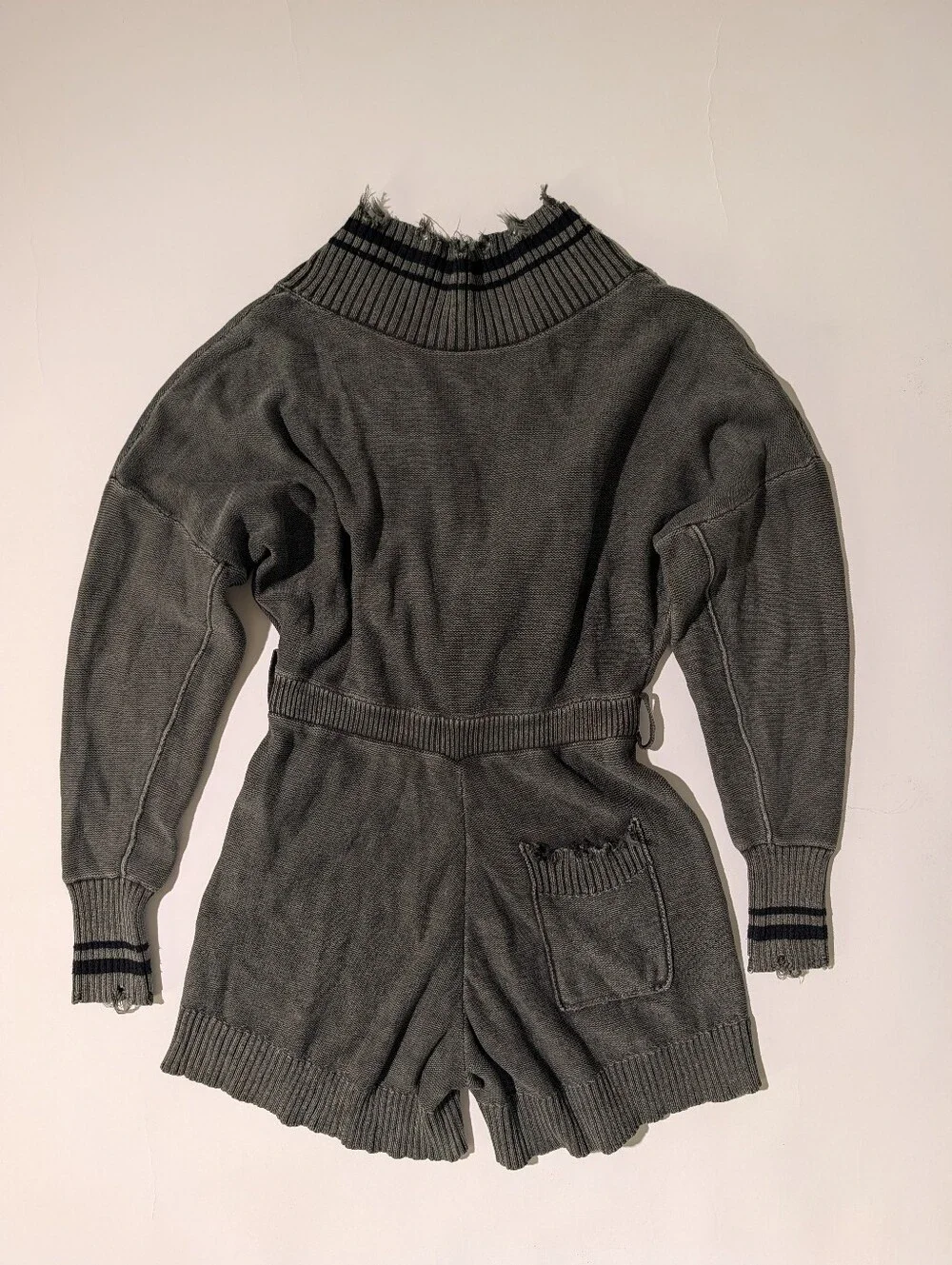 Free People Distressed Knit Sweater Wrap Romper Faded Black XS